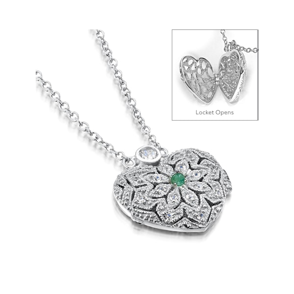 Emerald May Birthstone Vintage Locket Necklace White Topaz in Silver - Image 4