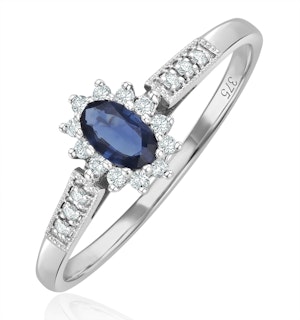 Sapphire 5 x 3mm And Diamond 9K White Gold Ring