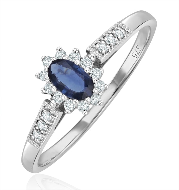 Sapphire 5 x 3mm And Diamond 9K White Gold Ring - image 1