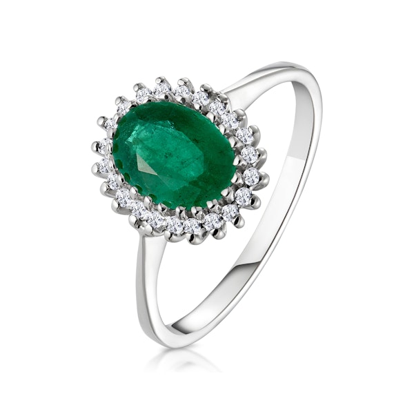 Emerald 8 x 6mm And Diamond 9K White Gold Ring - Image 1
