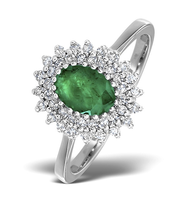 Emerald 7 x 5mm And Diamond 18K White Gold Ring - image 1