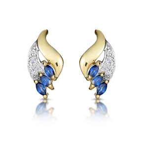 Sapphire 4mm x 2mm And Diamond 9K Yellow Gold Earrings
