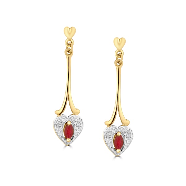 Ruby 5 x 3mm And Diamond 9K Yellow Gold Earrings - Image 1