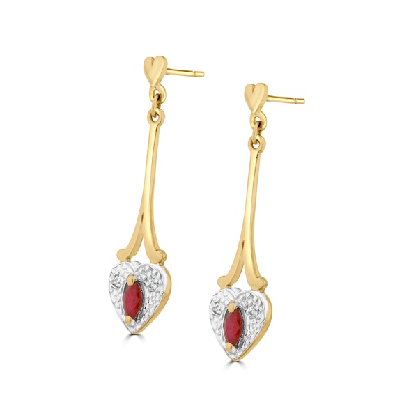 Ruby 5 x 3mm And Diamond 9K Yellow Gold Earrings - Image 2