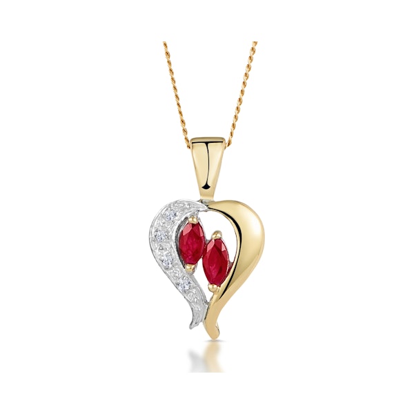 Ruby 5 x 3mm And Diamond 9K Yellow Gold Pendant Necklace - Image 1