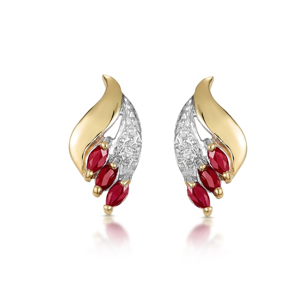 Ruby 4 x 2mm And Diamond 9K Yellow Gold Earrings - Image 1