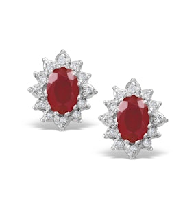 Ruby 6 x 4mm And Diamond Cluster 9K Yellow Gold Earrings