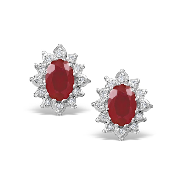 Ruby 6 x 4mm And Diamond Cluster 9K Yellow Gold Earrings - Image 1