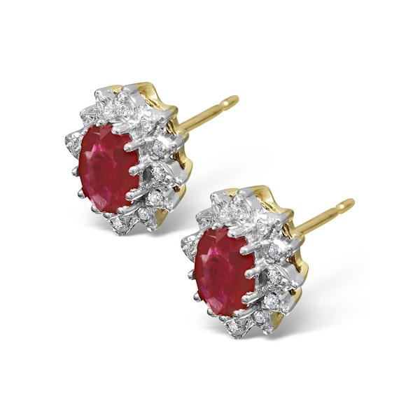 Ruby 6 x 4mm And Diamond Cluster 9K Yellow Gold Earrings - Image 3