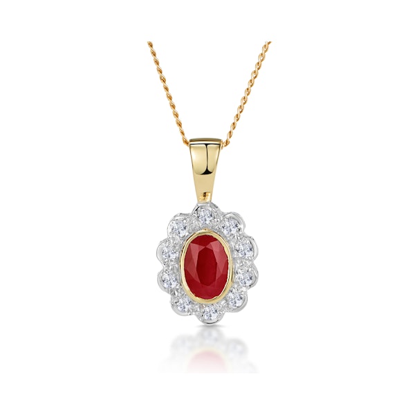 Ruby 6 x 4mm And Diamond 9K Yellow Gold Pendant Necklace B3294 - Image 1