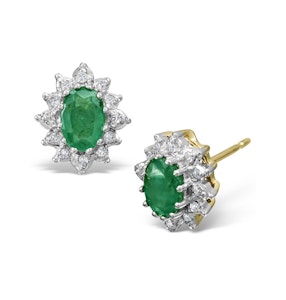 Emerald 6 x 4mm And Diamond Cluster 9K Yellow Gold Earrings B3689