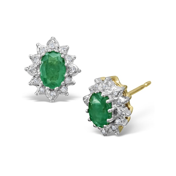 Emerald 6 x 4mm And Diamond Cluster 9K Yellow Gold Earrings B3689 - Image 1