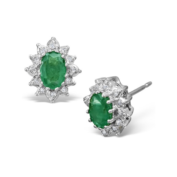 Emerald 6 x 4mm And Diamond Cluster 9K White Gold Earrings - Image 1