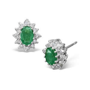 Emerald 6 x 4mm And Diamond Cluster 9K White Gold Earrings