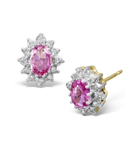 Pink Sapphire 6 X 4mm and Diamond Cluster 9K Gold Earrings