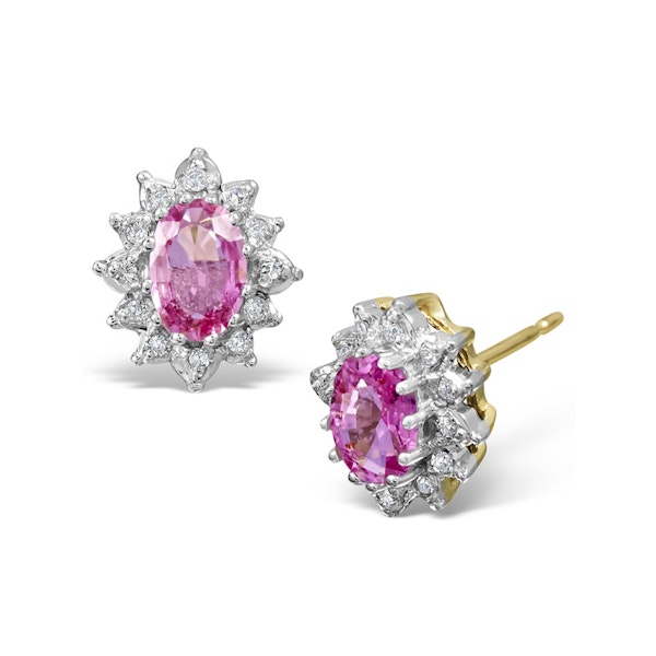 Pink Sapphire 6 X 4mm and Diamond Cluster 9K Gold Earrings - Image 1