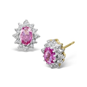 Pink Sapphire 6 X 4mm and Diamond Cluster 9K Gold Earrings