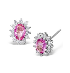 Pink Sapphire 7 X 5mm and Diamond 9K White Gold Earrings