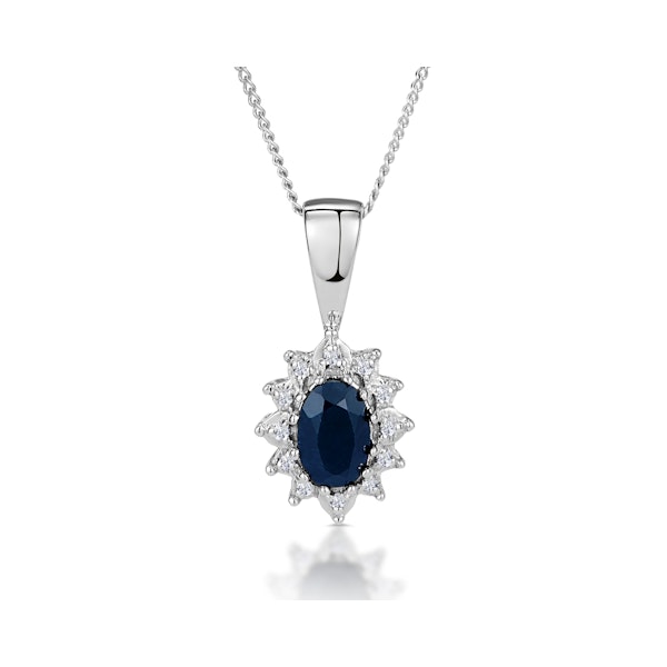 Sapphire 6 x 4mm And Diamond 18K White Gold Pendant Necklace - Image 1