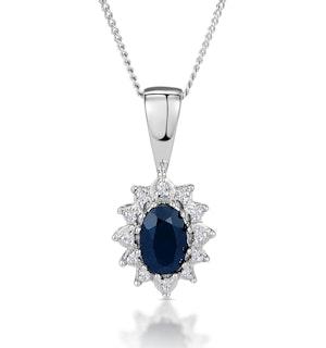 Sapphire and Lab Diamond Cluster Pendant Necklace 6x4mm in 925 Silver
