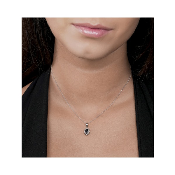 Sapphire and Diamond Cluster Pendant Necklace 6x4mm in 9K White Gold - Image 3