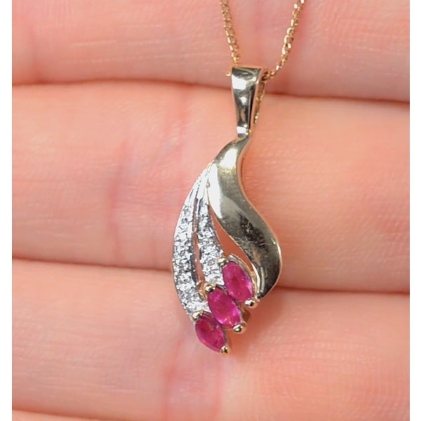 Ruby 4 x 2mm And Diamond 9K Yellow Gold Pendant Necklace - Image 3