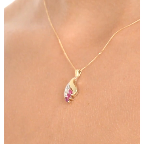 Ruby 4 x 2mm And Diamond 9K Yellow Gold Pendant Necklace - Image 4