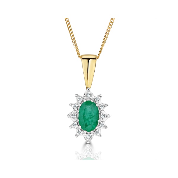 Emerald 6 x 4mm And Diamond 18K Yellow Gold Pendant Necklace - Image 1
