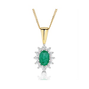Emerald 6 x 4mm And Diamond 18K Yellow Gold Pendant Necklace