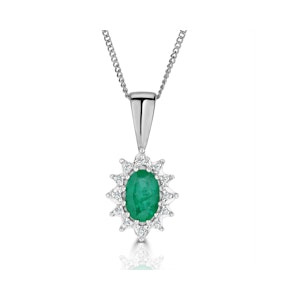 Emerald 6 x 4mm And Diamond 18K White Gold Pendant Necklace