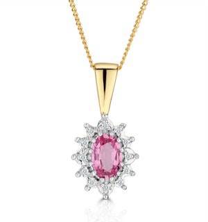 Pink Sapphire 6 X 4 mm and Diamond 9K Yellow Gold Pendant Necklace