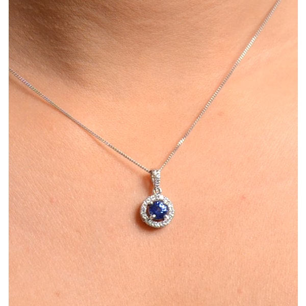 Sapphire 5mm And Diamond Halo 18K White Gold Pendant Necklace - Image 3