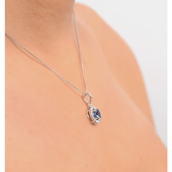 Sapphire 5mm And Diamond Halo 18K White Gold Pendant Necklace - Image 4