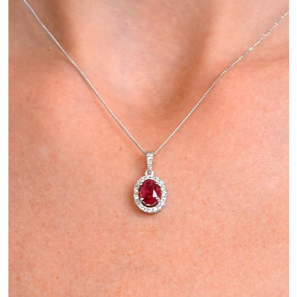 Ruby 7 x 5mm And Diamond Halo 18K White Gold Pendant Necklace - Image 3