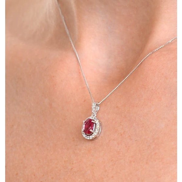 Ruby 7 x 5mm And Diamond Halo 18K White Gold Pendant Necklace - Image 4