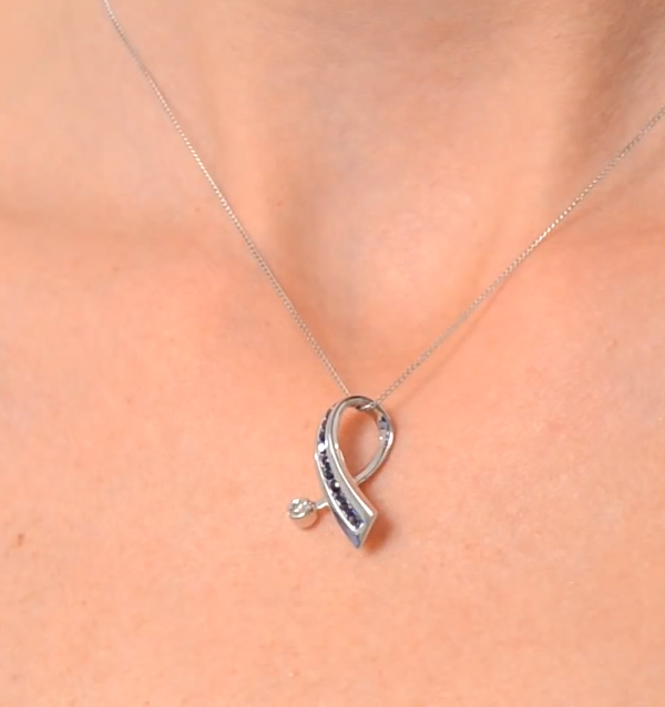 Sapphire And 0.02CT Diamond Ribbon Pendant Necklace 9K White Gold