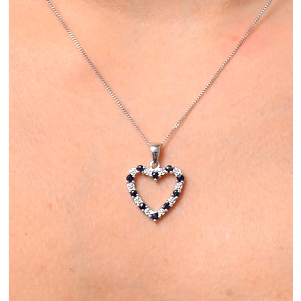 9K White Gold 0.03ct Diamond and Sapphire Heart Pendant Necklace - Image 3