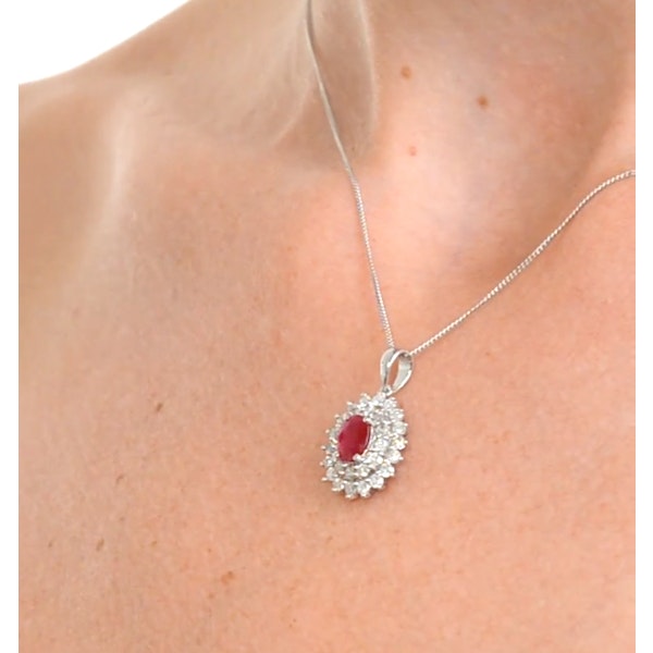 Ruby 7 x 5mm And Diamond 9K White Gold Pendant Necklace - Image 3