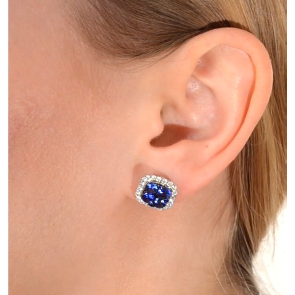 18K White Gold KEIRA 3ct Sapphire and 1ct Diamond HALO Earrings - Image 4
