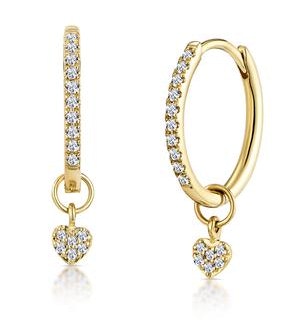Stellato Diamond Encrusted Hoop Heart Charm Earrings 0.11ct in 9K Gold