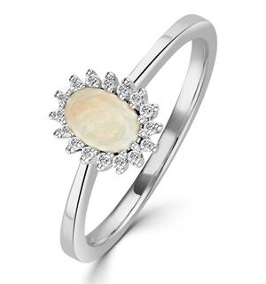 Opal 6 x 4mm And Diamond 9K White Gold Ring