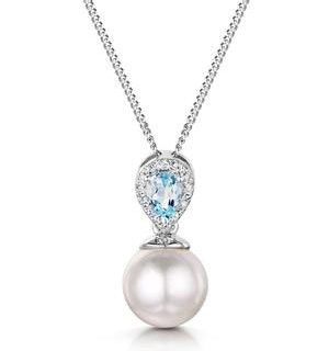 Pearl and Blue Topaz and Diamond Pendant Necklace in 9K White Gold