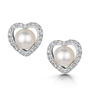 Stellato Collection Pearl and Diamond Heart Earrings in 9K White Gold
