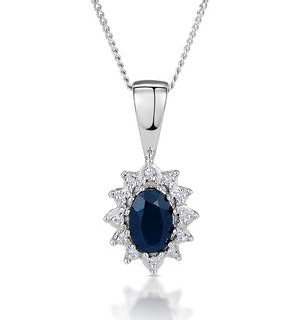 Sapphire and Diamond Cluster Pendant Necklace 6x4mm in 9K White Gold