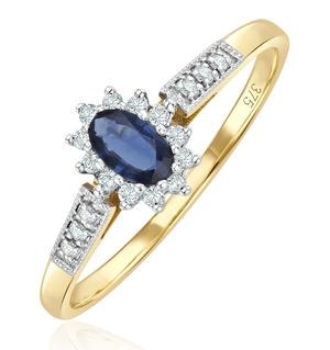 Sapphire 5 x 3mm And Diamond 9K Gold Ring  A3261