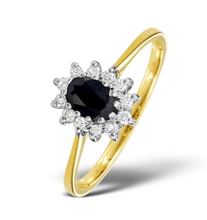 Sapphire 6 x 4mm And Diamond 9K Gold Ring.