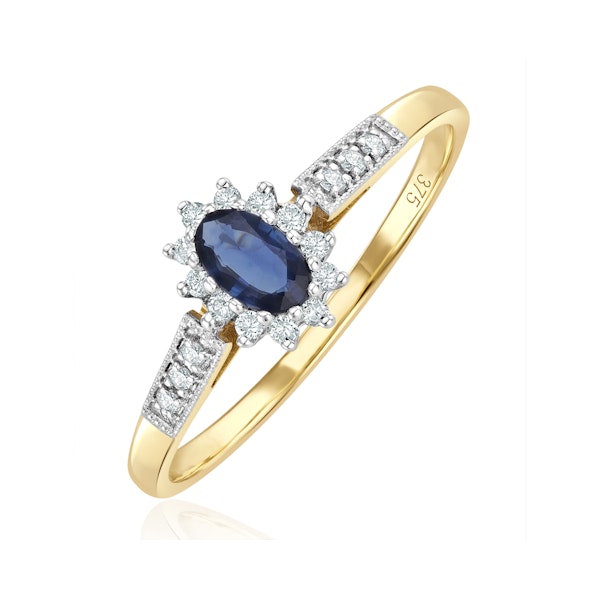 Sapphire 5 x 3mm And Diamond 9K Gold Ring A3261 - Image 1