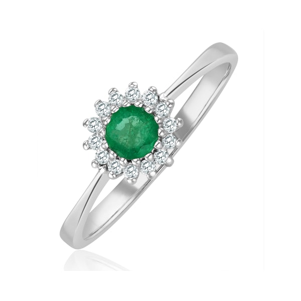 Emerald 3.5 x 3.5mm And Diamond 18K White Gold Ring SIZE S.5 - Image 1