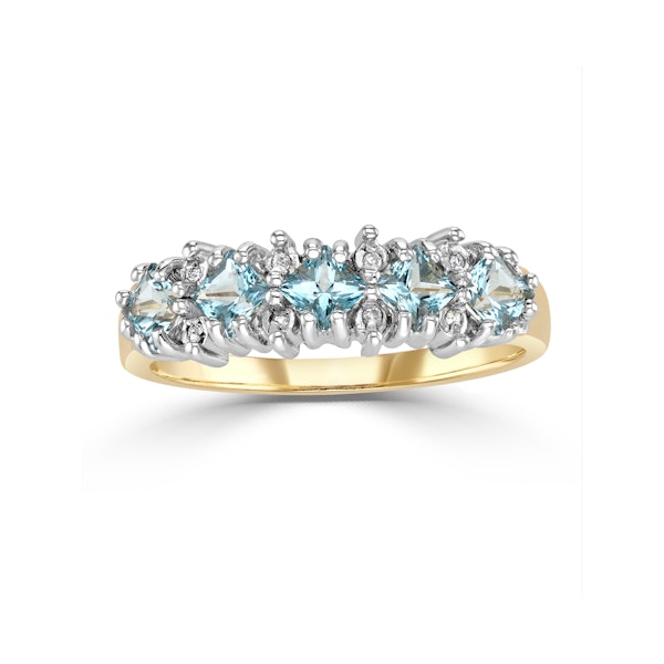 Blue Topaz 3mm And Diamond 9K Yellow Gold Ring - Image 2