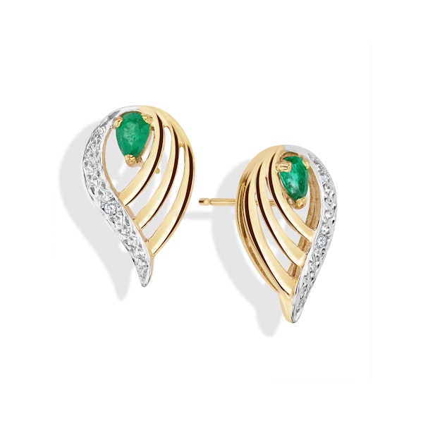 Emerald 4 x 3mm And Diamond 9K Yellow Gold Earrings - Image 2